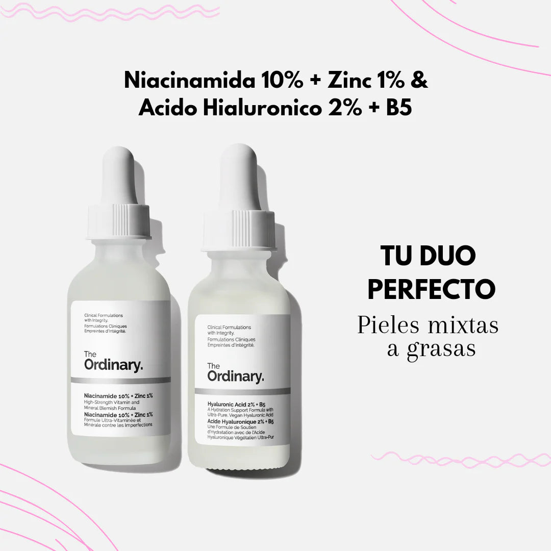 Combo Hidratación y Control de Imperfecciones – The Ordinary Niacinamide 10% + Zinc 1% + Ácido Hialurónico 2% + B5 (30 ml c/u) | Regalo Sorpresa 🎁