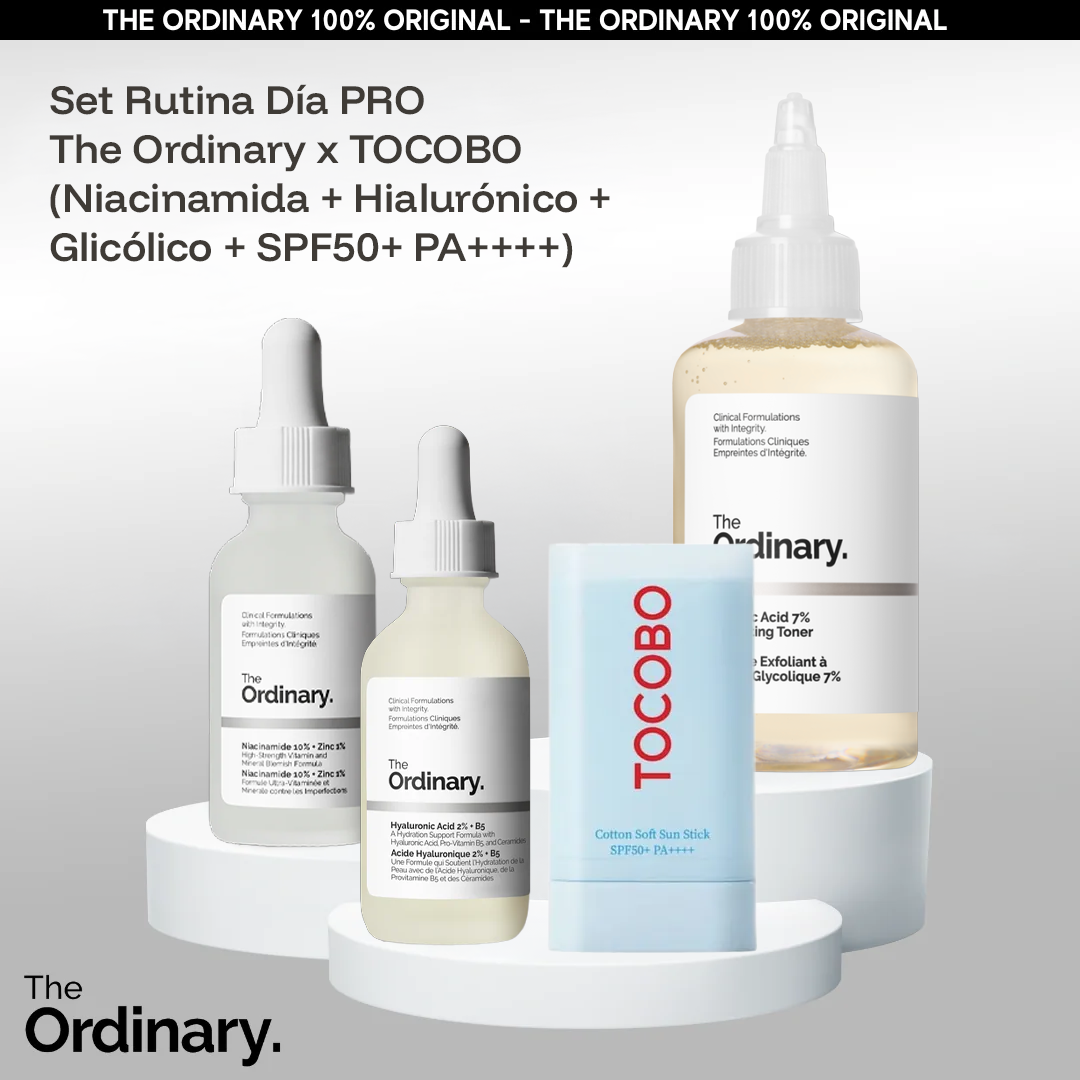 Set Rutina de Día Glow Defense – The Ordinary x TOCOBO (Niacinamida + Ácido Hialurónico + Ácido Glicólico + Protector Solar TOCOBO SPF50+)