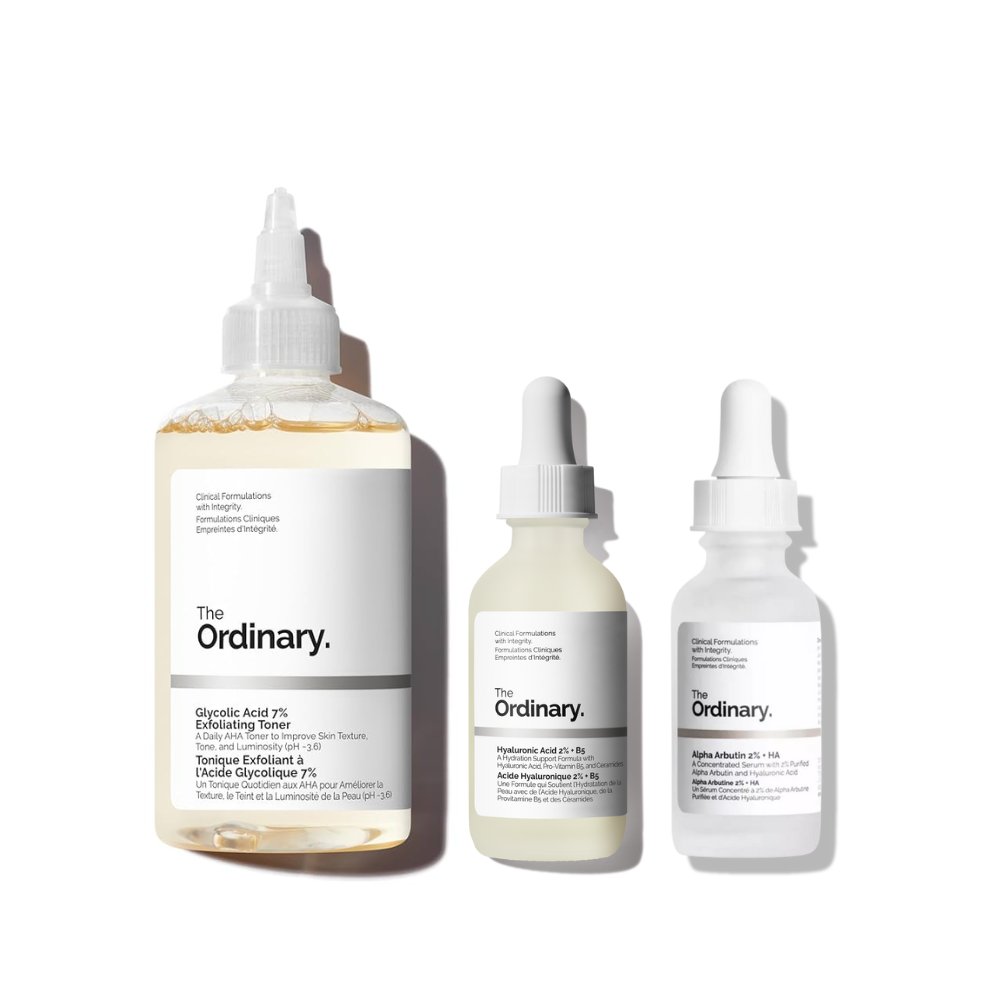 The Ordinary | Kit Anti Manchas Avanzado (3 pasos: Glicólico 7% + Hialurónico + Alpha Arbutin 2%)